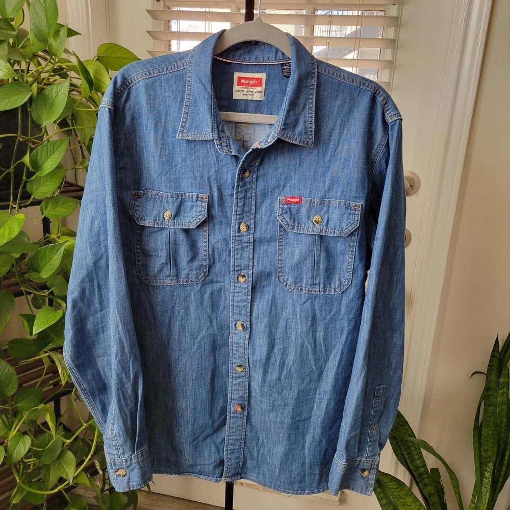 Wrangler Mens Blue Denim Long Sleeve Button Up Shirt Large Workwear